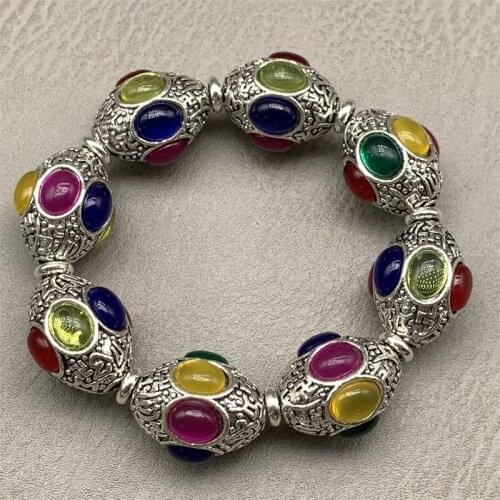 Exquisite Chinese Rare Collectible Tibetan Silver Handwork Inlaid Jade Auspicious Bracelet Statue Handicraft Home Decoration#7