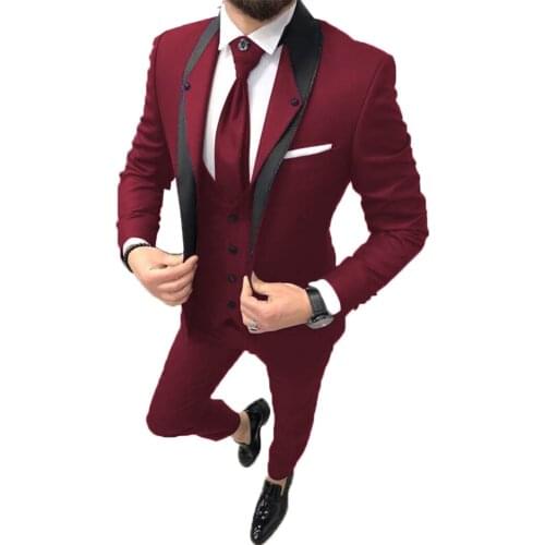 Latest Design Custom Made Burgundy Mens Dinner Party Formal Suit (Jacket+Pant+Vest) Groom Tuxedos Wedding Blazer Suits For Men