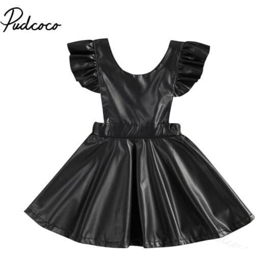 0-5Years Infant Kids Baby PU Dress Solid Black Synthetic Leather Dress Ruffled Sleeveless Fashion Gown Outfits