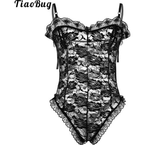 TiaoBug Sexy Mens Sissy Thong Bodysuit Lingerie Adjustable Spaghetti Shoulder Straps See Through Lace Floral Ribbon Nightwear