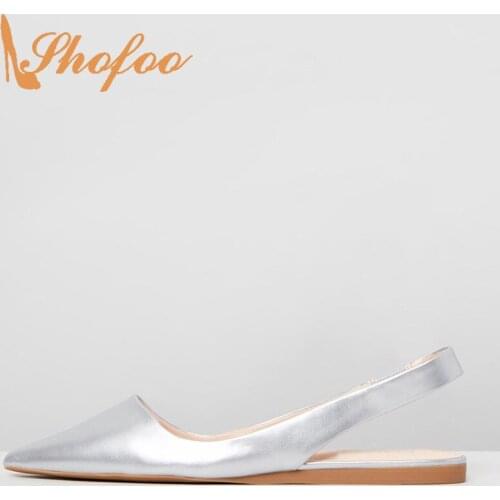 Silver Pointed Toe Flat Slingbacks Woman Elastic Band Large Size 12 13 Soft Leather For Ladies Summer Footwear Fashion Casual