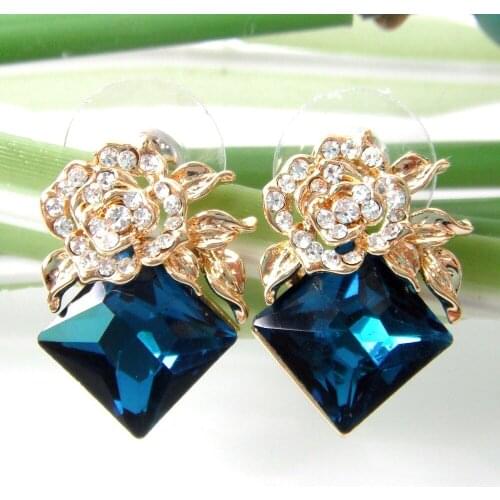 Navachi Flower Leaves Square Blue Zircon GP Crystal Rhinestone Ear Stud Earrings SMT2557