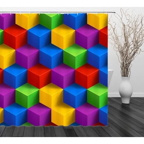 Three-dimensional Cube Geometric Patterns Shower Curtains 3D Printing Bathroom Home Decor Waterproof Polyester Cloth Curtain Set