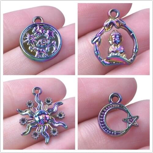 10pcs Unique Sun Star Moon Pendant Charms For Jewelry Making Necklace Rainbow Color DIY Findings Vintage Accessories Women Men