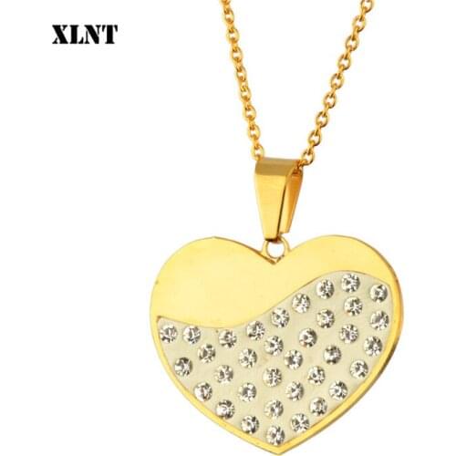 XLNT womens cz necklace Full zircon heart Stainless Steel pendent necklace jewelry for women long chain moms gift