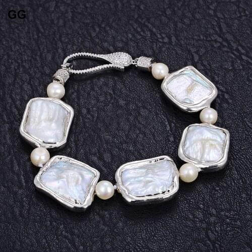 GuaiGuai Jewelry 8" Natural White Square Keshi Pearl White Gold Color Plated Bracelet Classic For Women