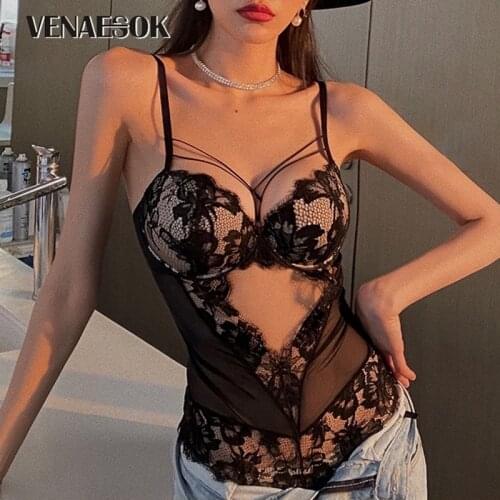 2021 Fashion Women Jumpsuit Lace Floral Hollow Out Black Embroidery Bodysuit Black Sexy Deep V Straps Bodysuits mesh Transparent