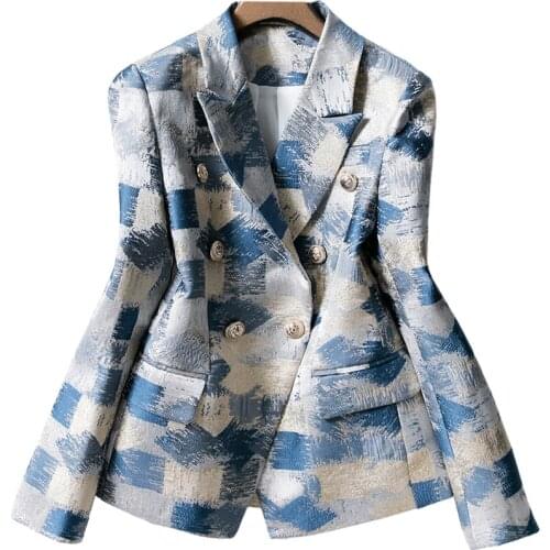 Plus size 3XL!Women Notched Double Breasted Plaid Graffiti Printing Autumn Casual Blazer COAT