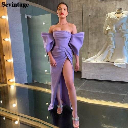 Sevintage Mermaid Purple Prom Dresses Off the Shoulder Puff Sleeves Evening Dress 2021 Sexy Slit Side Pleats Women Party Gowns