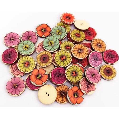 50pcs 20mm Natural Mixed Round Flowers Buttons For Scrapbooking Sewing Decorative Wood DIY Button Crafts Embellishments