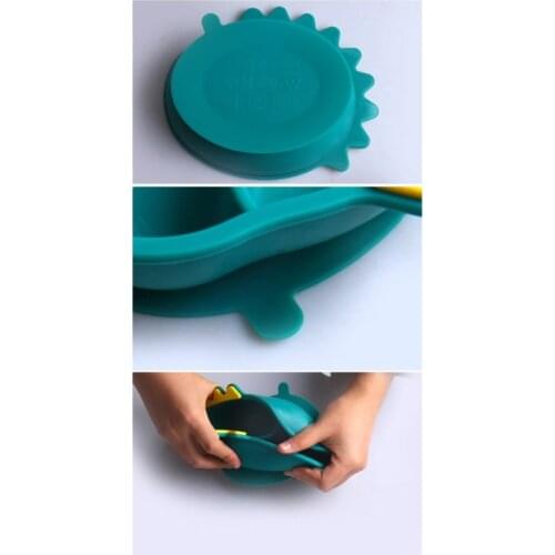 D0AF Food Grade Silicone Cartoon Dinosaur Baby Divided Suction Bowl Slip-resistant Child Dinner Plate Learning Feeding Dish