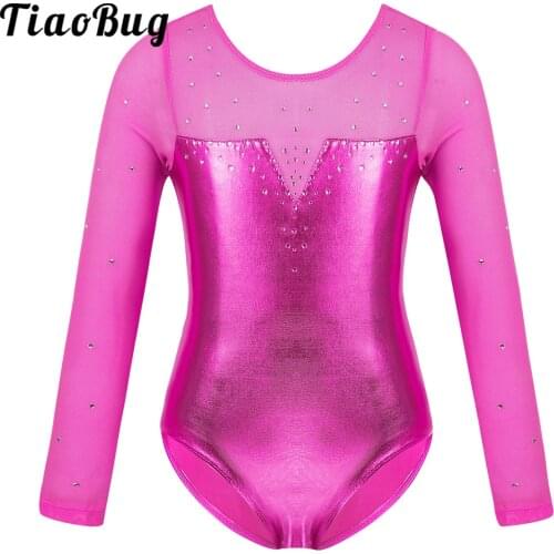 TiaoBug Kids Girls Tulle Long Sleeves Sparkly Rhinestones Metallic Dancewear Gymnastics Leotard Competition Ballet Dance Costume
