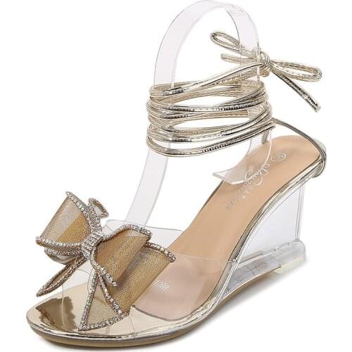 Mclubgirl Womens Slanted Heel Sandals New Sexy Crystal Transparent High Heels Roman Double Wear Slanted Slippers LFD-1098-83