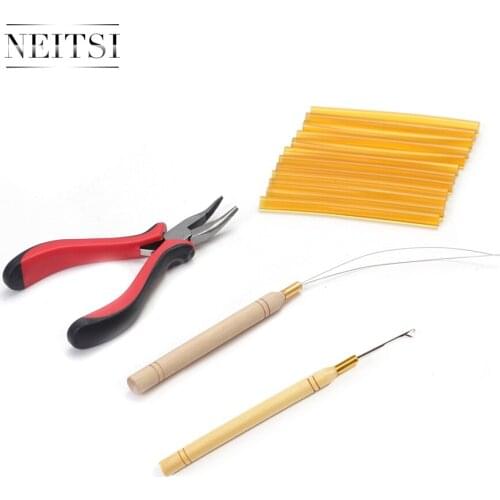 Neitsi High Quality 1pc plier+1pc hook needles+1pc loop puller+12pcs Hotmelt Glue Sticks One Set Hair Tools For Hair Extensions