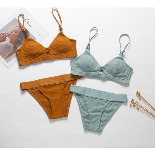 New Sexy Bras Set for Yong Girls Ribbed No Steel Ring Bralette with Removable Pads Women Intimates Comfortable Cotton Underwear