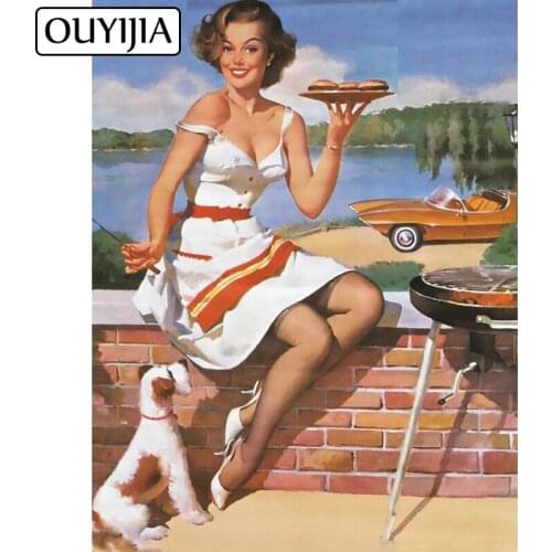 OUYIJIA Oil Retr Beauty 5D DIY Art Woman Cross Stitch Kit Cartoon Girl Diamond Painting Square Embroidery Mosaic Home Decoration