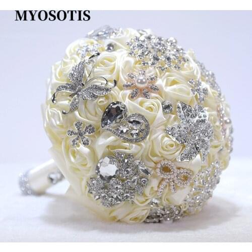 Luxury Silver Beaded Wedding Hand Bouquet Crystal Artificial Satin Roses Ivory Bridal Flowers Wedding Floral Accessories