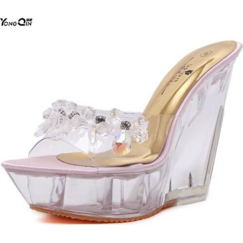 Summer New Wedge Sandals Women High-heeled Crystal Shoes Wild Beaded Fish Mouth Women Sandals