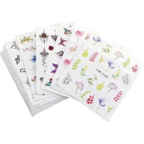 LCJ Mixed 12 Nail Designs Water Transfer Sticker DIY Tattoo Slider Summer Rose Daisy Flamingo Flower Nail Art Wraps Set