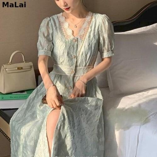 Summer Vintage Dress 2021 Women V-Neck Designer Lace Sexy Elegant Floral Dress Female Casual Chic Slim Short Sleeve Fairy Dress