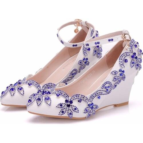 Crystal Queen New Fashion Blue Rhinestone Wedges Pumps Shoes Women Sweet Wedges Shoes Wedding heels High Heels Party Shoes