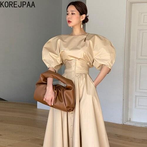 Korejpaa Women Dress Sets 2021Korea Chic O-neck Hollow Side Button Bubble Sleeve Shirt and High Waist Single-breasted Long Skirt