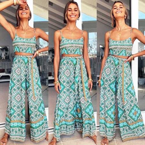 Boho Inspired floral print 2 piece set women crop top elastic waist wild leg pants summer women two piece outfits 2020 boho set