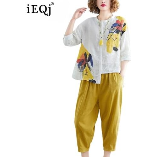 [IEQJ] 2021 Summer New Pattern Office Lady Style O Collar Geometric Pattern Seven Sleeve Calf Length Wide Leg Pants Suit AF911