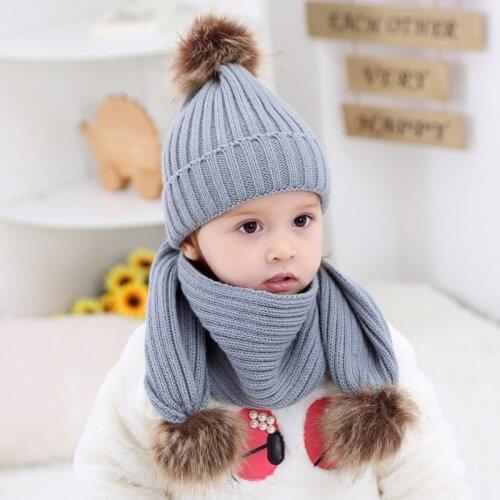 2Pc/set Baby Hat Scarf Set Winter Thick Warm Soft Knitted Boys Girls Beanies Solid Color Pompom Bonnet Scarves Kids Boys Girls