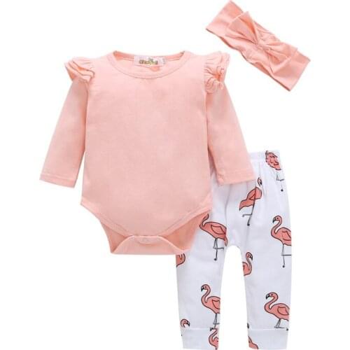 Cute Pattern Spring Fall Baby Girls Sets Romper + Pant + Headband Cotton Toddler Kids 3 In 1 Kits Childrens Clothes