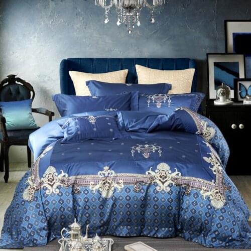 New Solid Blue 100S Egyptian cotton Embroidery Royal Bedding sets Queen King Luxury Duvet cover Bed sheet set Pillowcases 4/6pcs