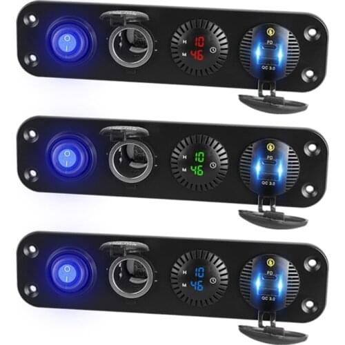 Car QC3.0 USB Type C PD Fast Charger LED Digital Clock 12V Power Outlet ON-Off Switch Panel for Car Boat Marine RV Truck SUV Cam