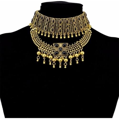 Bohemian Vintage Alloy Black Stone Choker Necklaces for Women Gypsy Tribal Turkish Chunky Necklace Festival Party Jewelry Gift