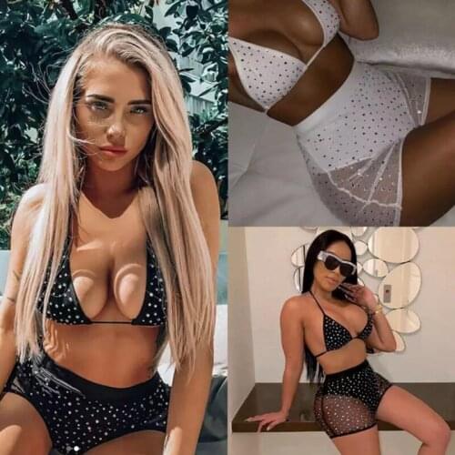 Sexy Women Fishnet Bra Mesh Sheer 2pcs Bikini Set Swimwear Swimsuit Rhinestone Halter Bra Fishnet High Waist Shorts Bathing