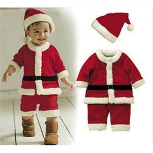 Kids Child Christmas Cosplay Santa Claus Costume Toddler Infant X-Mas Outfit Gift 2 piece Set Dress Jumpsuit+ Hat For Boys Girls