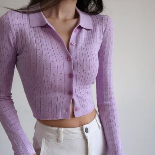 Europe French Small Sailor Collar Hollow-out Knitwear Womens Thin Outer Cardigan High Waist Short Slim Top Sweater UEV8