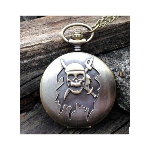 Hot Sale Vintage Antique anime Pirates of the Caribbean quartz pocket watch necklace with chain Mens gift