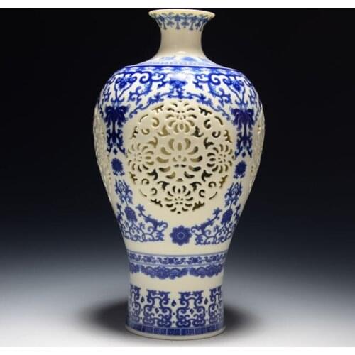 Exquisite archaize Chinese high-grade Hand-carved bule and white porcelain hollow-out vase