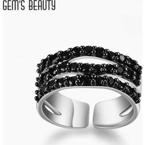 GEMS BEAUTY 925 Sterling Silver Open Adjustable Rings Nano Black Pave Handmade Statement Ring For Women Fine Jewelry