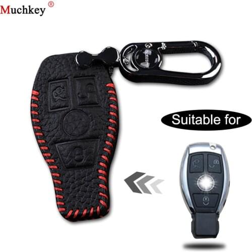 Leather Remote Case Car Key Bag Cover For BENZ 3 Buttons Smart Key Luxury Genuine Hand Sew Red Line 1PC Type C