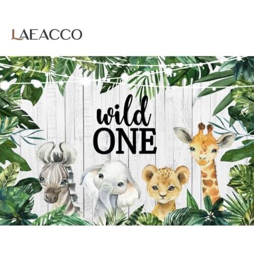 Laeacco Gray Wood Backgrounds For Photography Wild one 1st Safari Birthday Party Tropical Tree Leaves Child Photo Backdrops
