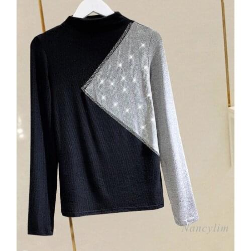 Fashion Hot Drilling Diamond Turtleneck T-shirt Womens Long Sleeve Autumn and Winter Stretch All-match Basic Tops Shirts