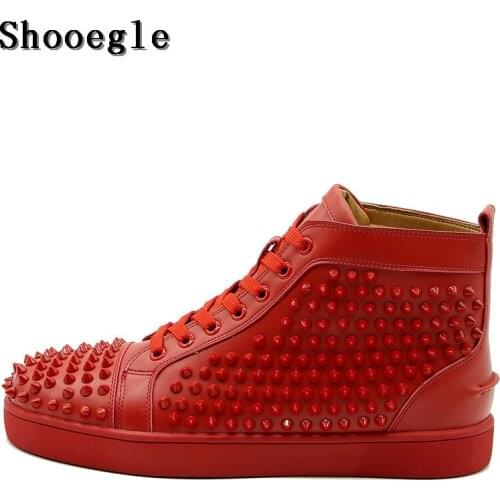 SHOOEGLE New Chaussure Homme Men Spike Shoes Stylish Sneakers High-top Men Shoes Platform Rivets Red Blue Leather Ankle Boots