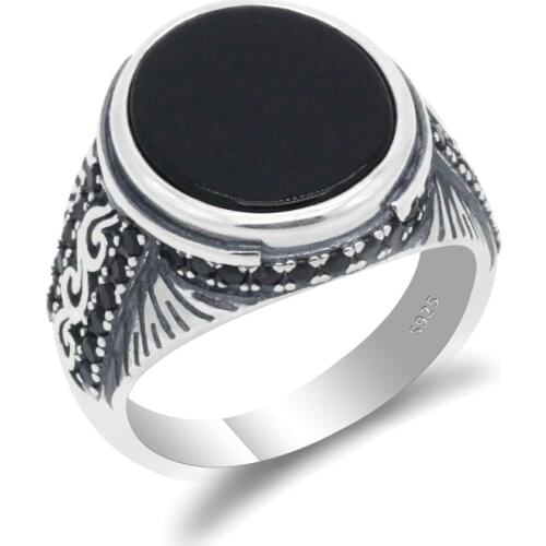 Onyx Men Rings S925 Sterling Silver Natural Black Flat Stone Ring with CZ Lucky for Man Women Turkish Handmade Vintage Jewelry