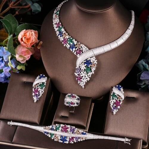 Accking Luxury 4pcs Jewelry Sets For Women Cubic Zircon wedding EARRING AND NECKLACE Bridal Jewelry Sets Multicolor