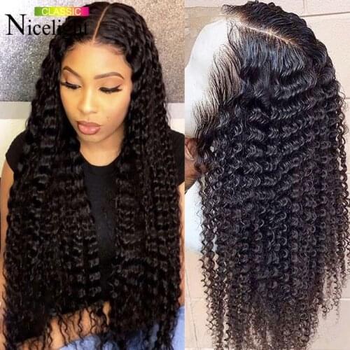 Nicelight Deep Wave Closure Wig Human Hair Wig Pre-Plucked 13x1x4 T Part Lace Wig 4x4 Deep Curly Brazilian Hair Wig Remy Natural