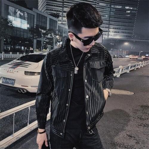 Autumn mens leather jacket social style three-color shiny striped shirt casual jaqueta masculina куртка мужская black silver