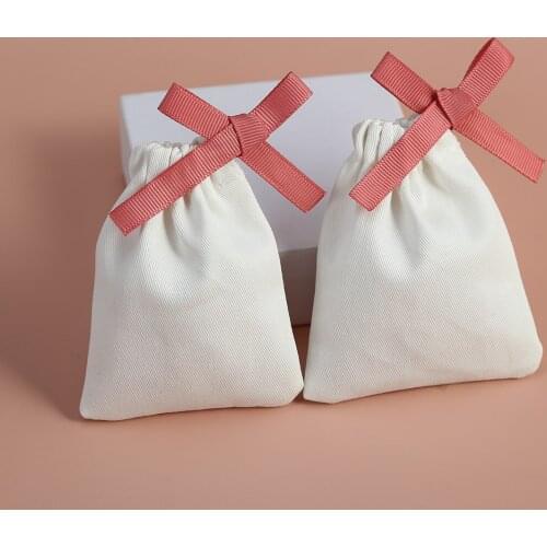 10A Thick Cotton Canvas Bag White Jewelry Packaging Pouch with Ribbon Bag Custom Chic Small Pouches Wedding Favor Pouch Handmade