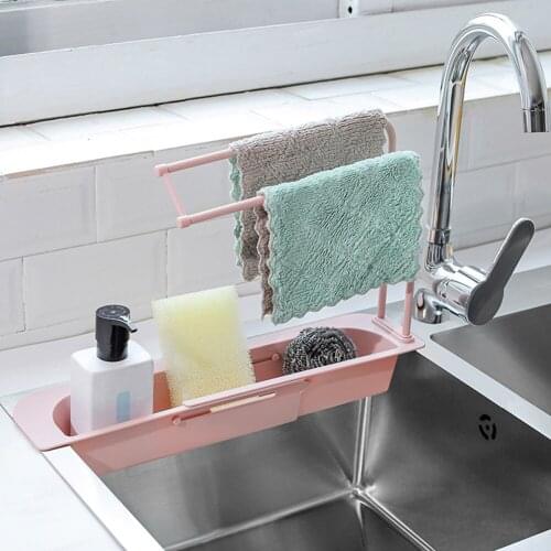 Telescopic Sink Rack Holder Adjustable Sink Rag Storage Rack Expandable Soap Sponge Drain Storage Basket Kitchen Accessories