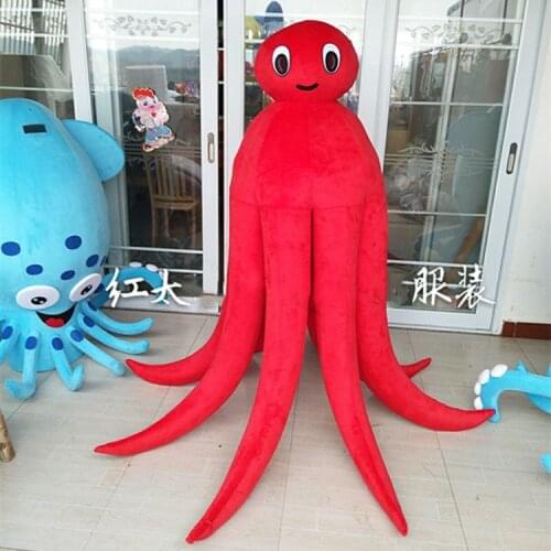 Smart Red Octopus Cuttlefish Inkfish Sepia Devilfish Octopoda Mascot Costume with Long Curve Mouth Blue Hands Christmas Outifts